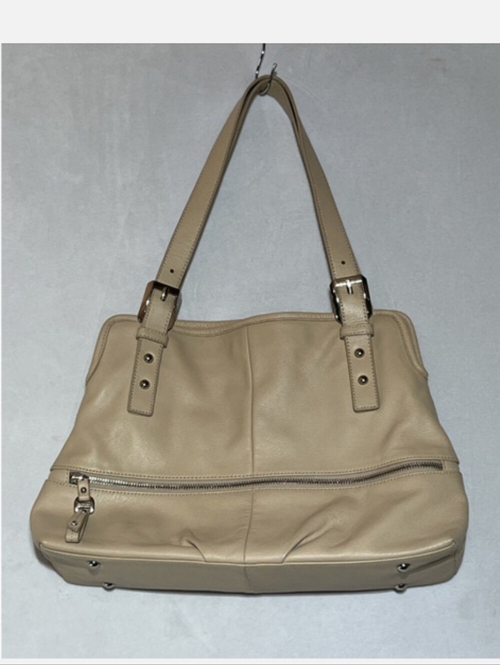 b. makowsky Beige Leather Hobo with Front Zip Pocket